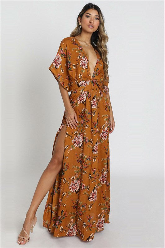 MDX Mustard Patterned Slit Detail Long Dress MG1698 - Aliso Viejo