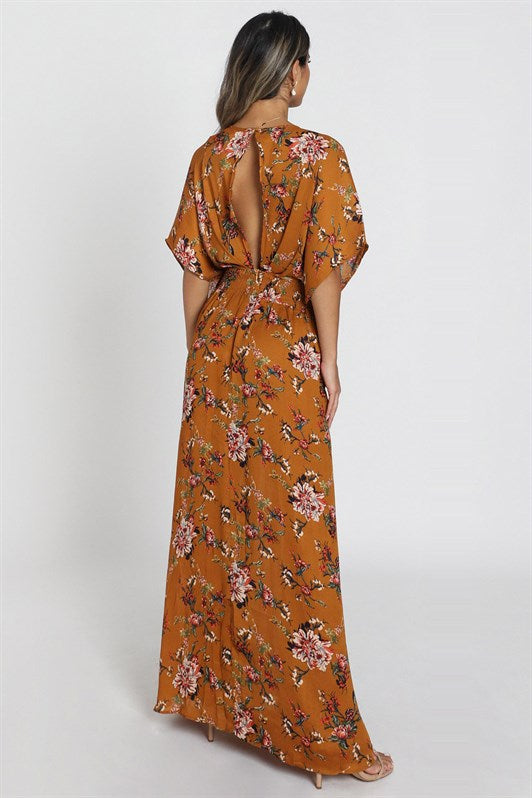 MDX Mustard Patterned Slit Detail Long Dress MG1698 - Aliso Viejo