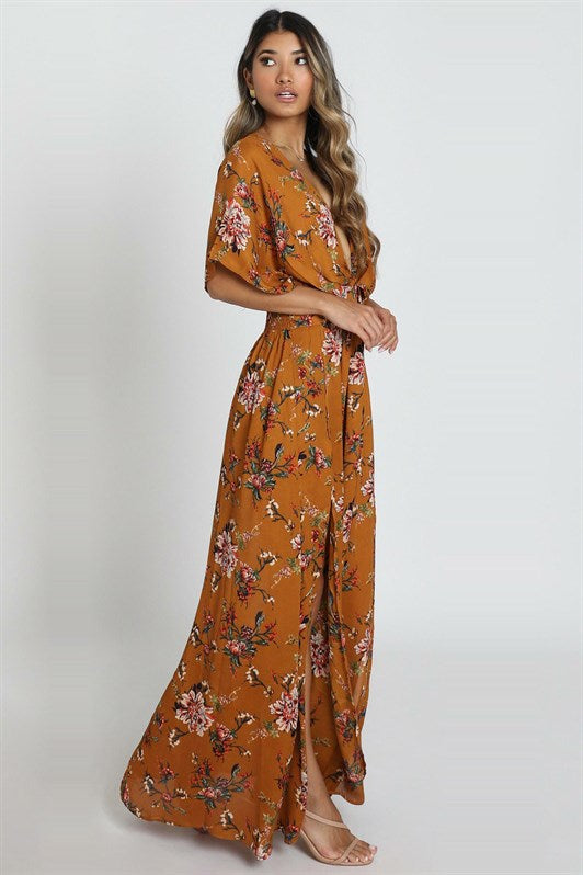 MDX Mustard Patterned Slit Detail Long Dress MG1698 - Aliso Viejo