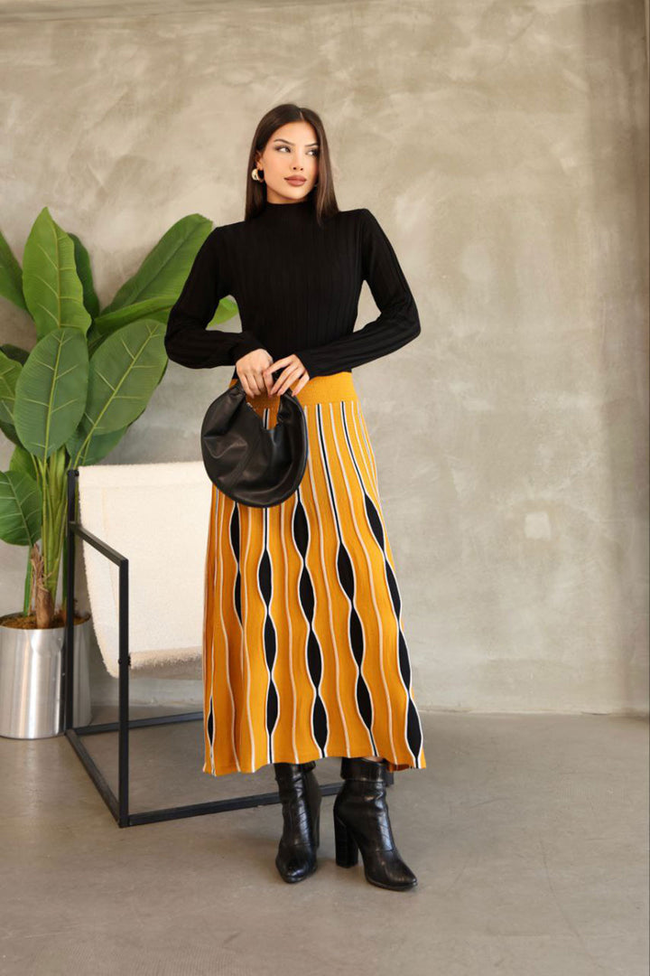 Mustard High Neck Skirt-Look One-Piece Patterned Knit Dress BCES-252020 - San Angelo