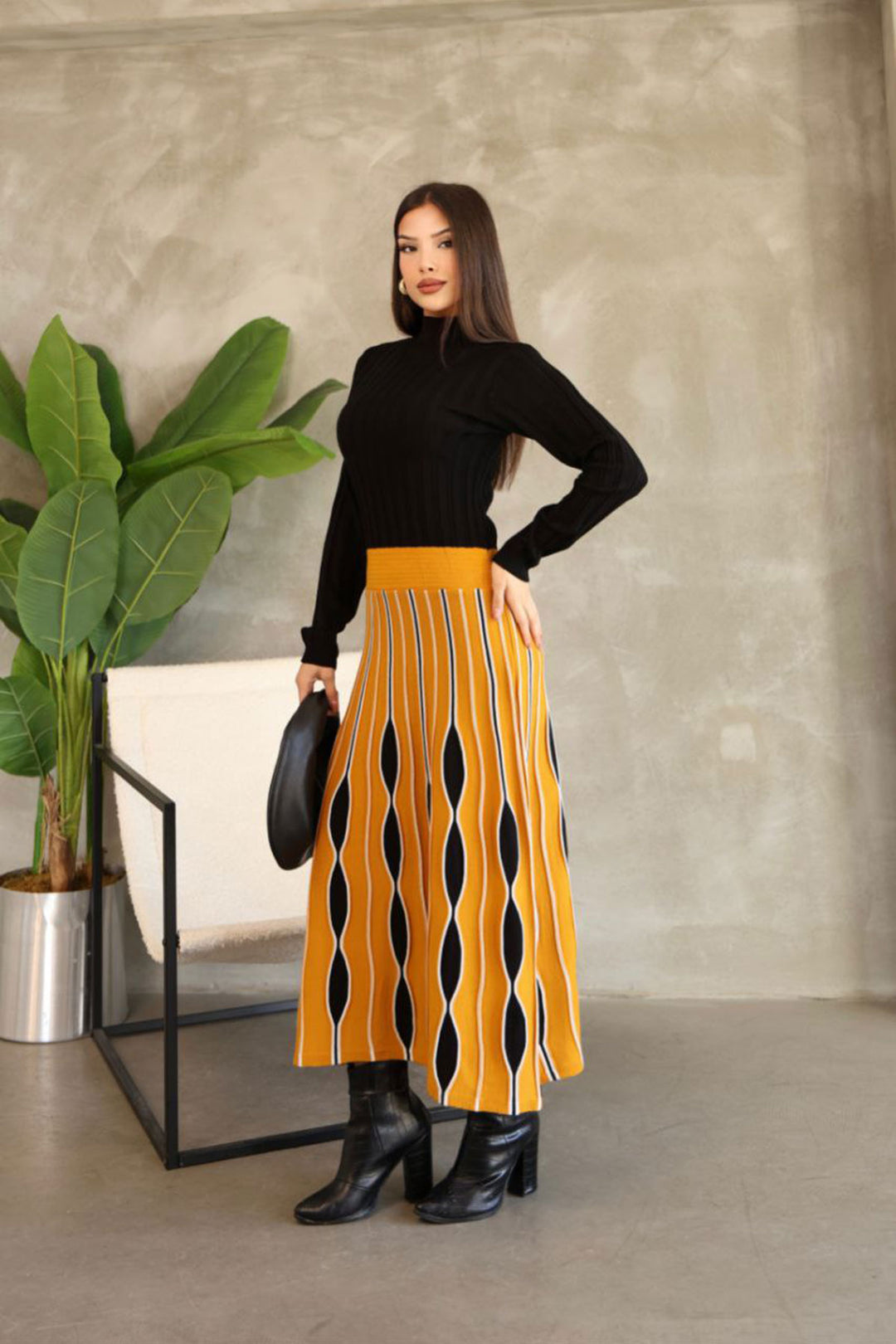 Mustard High Neck Skirt-Look One-Piece Patterned Knit Dress BCES-252020 - San Angelo