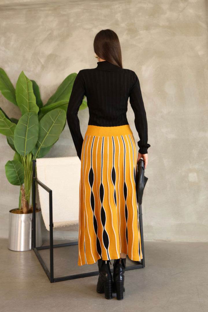 Mustard High Neck Skirt-Look One-Piece Patterned Knit Dress BCES-252020 - San Angelo