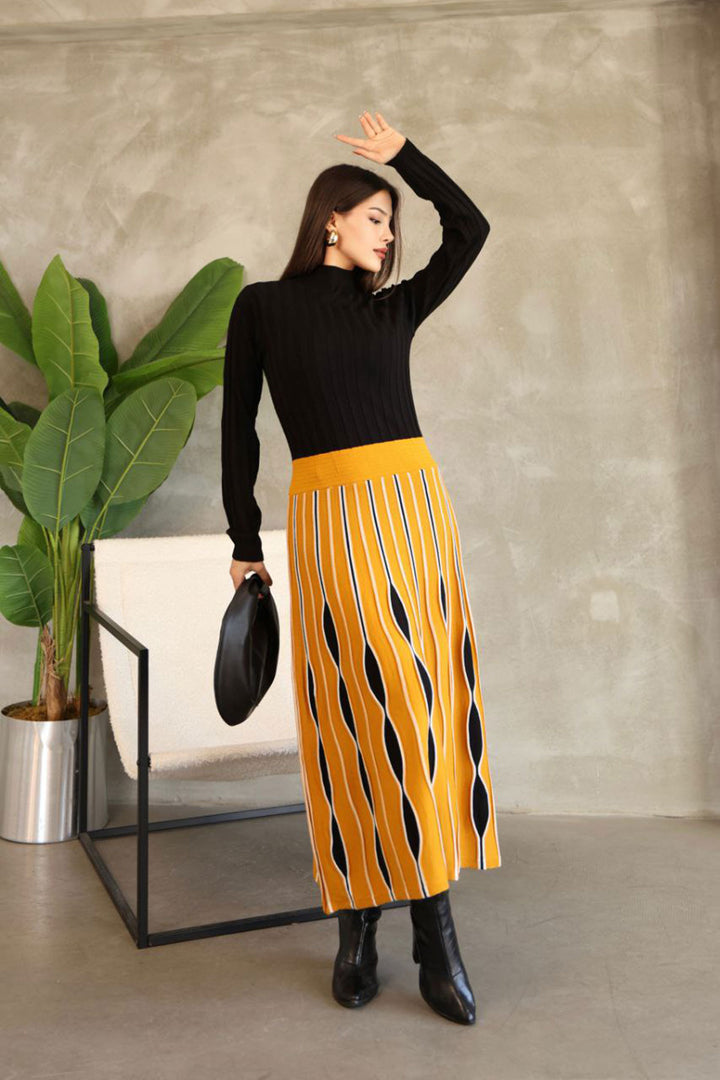 Mustard High Neck Skirt-Look One-Piece Patterned Knit Dress BCES-252020 - San Angelo