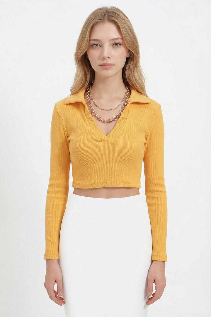 Hardal Polo Yaka Fitilli Yumuşak Dokulu Crop Bluz - Strood