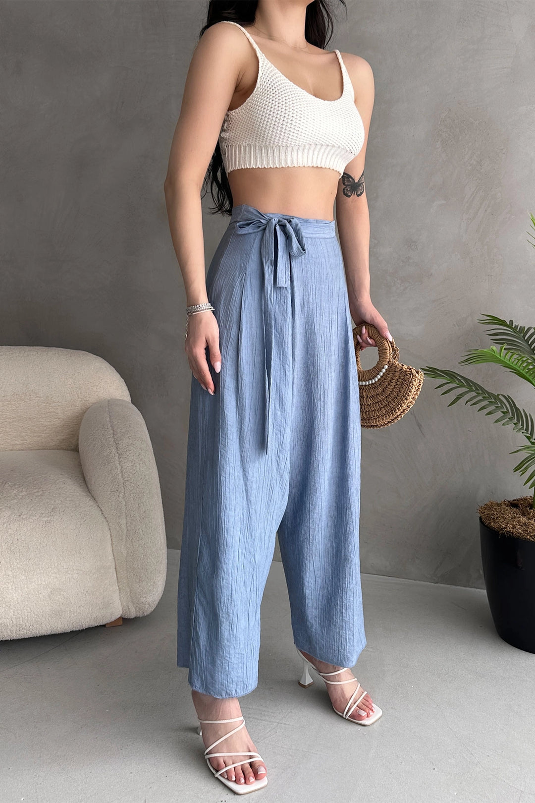 Aviator Blue Tied Envelope Cut Loose Linen Weave Pants BCDF-251108 - Rye