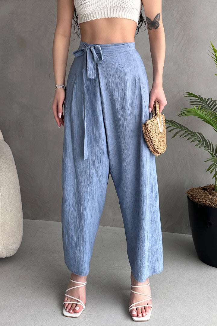 Aviator Blue Tied Envelope Cut Loose Linen Weave Pants BCDF-251108 - Rye