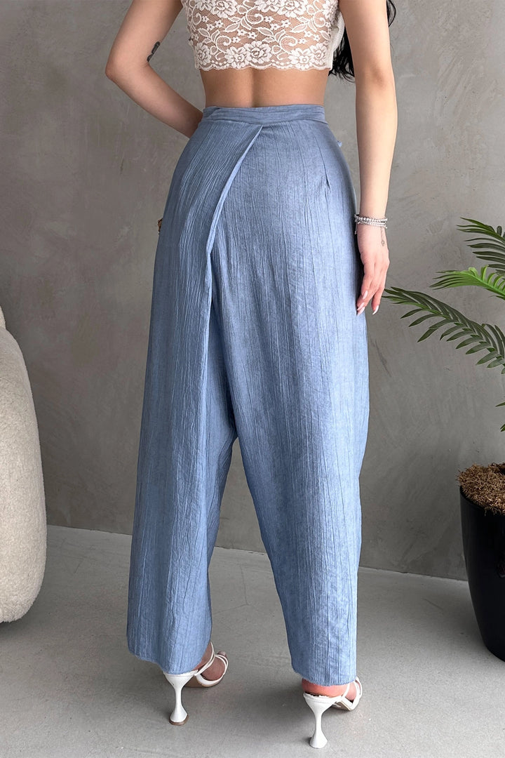 Aviator Blue Tied Envelope Cut Loose Linen Weave Pants BCDF-251108 - Rye