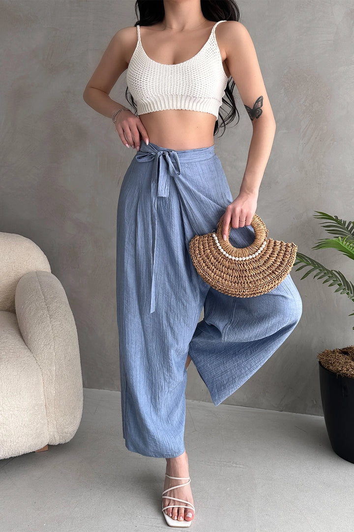 Aviator Blue Tied Envelope Cut Loose Linen Weave Pants BCDF-251108 - Rye