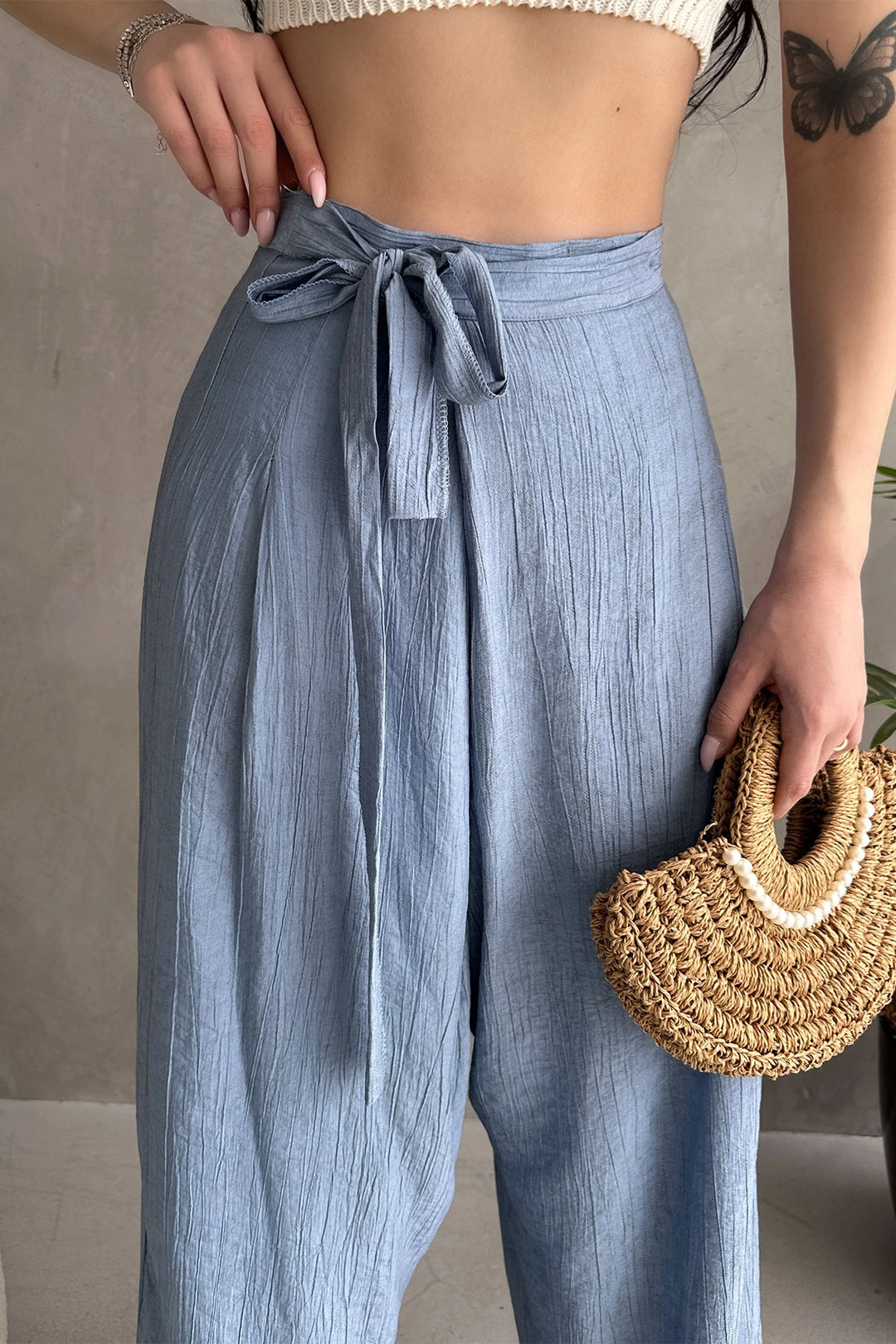 Aviator Blue Tied Envelope Cut Loose Linen Weave Pants BCDF-251108 - Rye