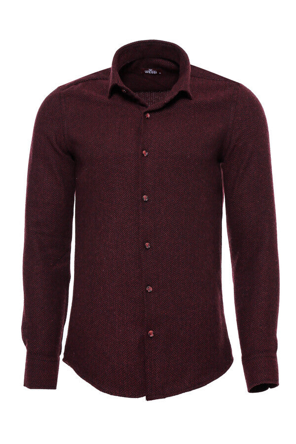 WSS Herringbone Patterned Dark Burgundy Men Lumberjack Shirt  - Tulancingo