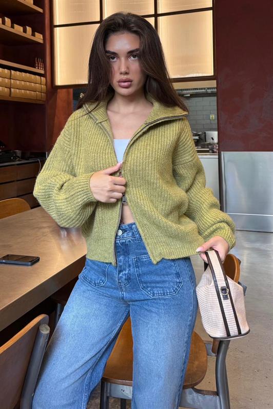 MDX Yeşil Çift Fermuarlı Kadın Triko Hırka Mg2532 - Fruit Cove