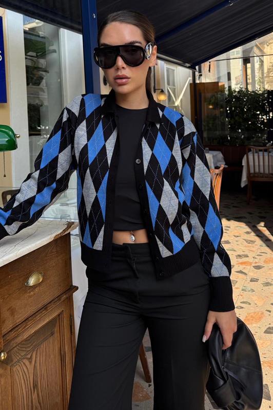 MDX Siyah Baklava Desenli Polo Yaka Kadın Hırka MG2478 - Torreón