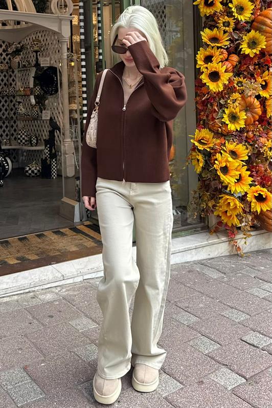 MDX Acı Kahverengi Çift Fermuarlı Dik Yaka Kadın Triko Hırka MG2505 - Aveiro