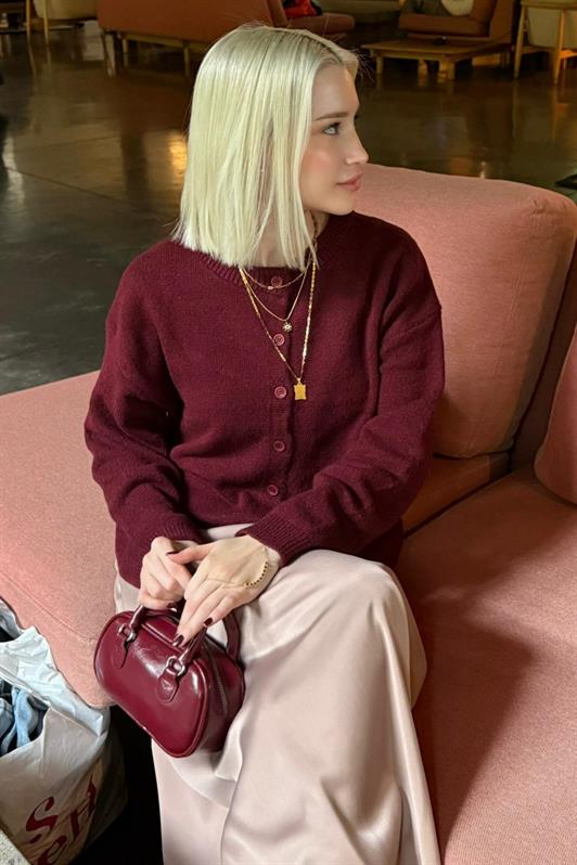 MDX Bordo Rahat Kalıp Düğmeli Triko Kadın Hırka MG2552 - Melun