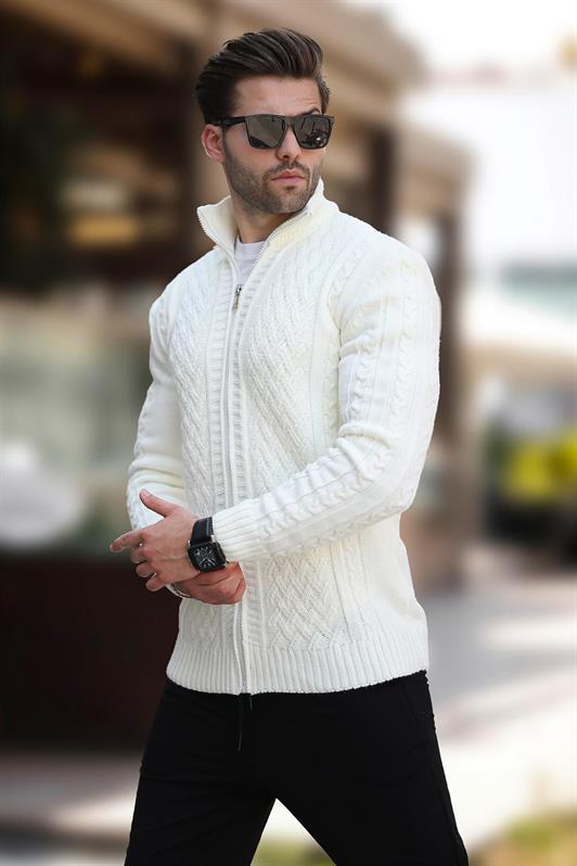 MDX Ecru High Neck Zippered Knitted Cardigan 7271 - Apple Valley