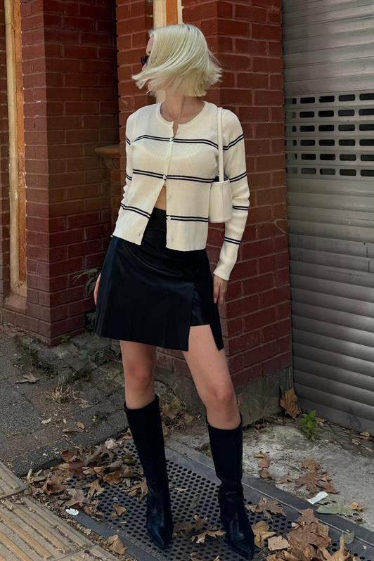 MDX Kemik Rengi Çizgili Kadın Triko Hırka MG2481 - Frosinone