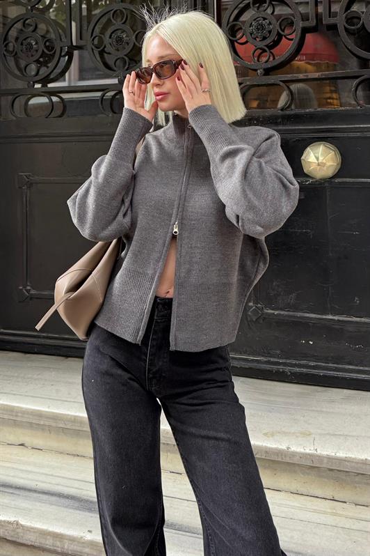 MDX Antrasit Çift Fermuarlı Dik Yaka Kadın Triko Hırka MG2505 - Saint-Herblain