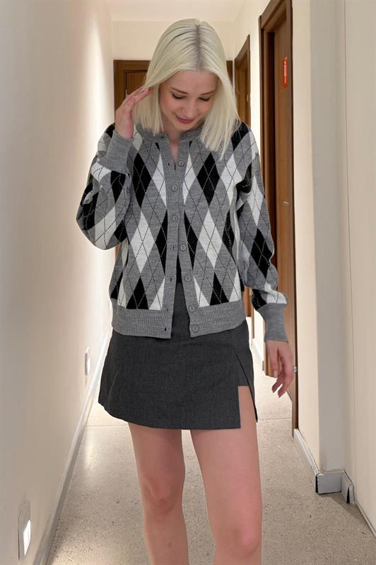 MDX Gray Baklava Patterned Bicycle Neck Women's Cardigan Mg2496 - Aguascalientes