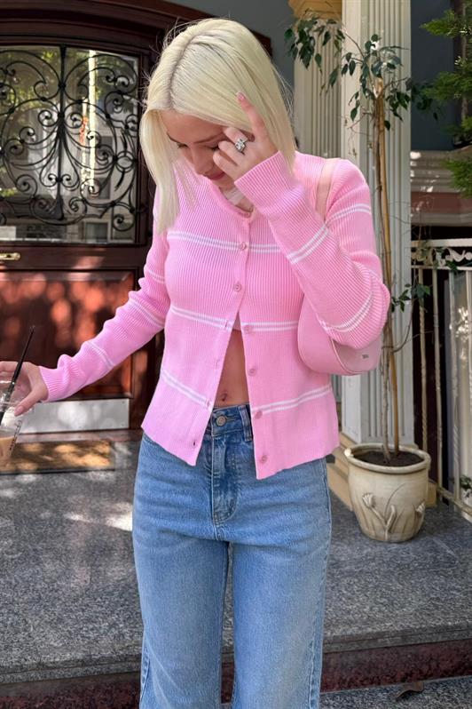 MDX Pembe Çizgili Kadın Triko Hırka MG2481 - Calimaya