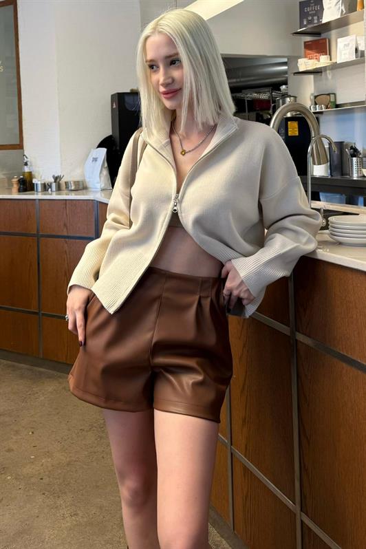 MDX Taş Rengi Çift Fermuarlı Dik Yaka Kadın Triko Hırka MG2505 - Speyer