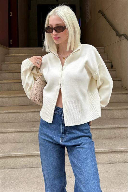 MDX Ekru Çift Fermuarlı Dik Yaka Kadın Triko Hırka MG2505 - Câmara de Lobos