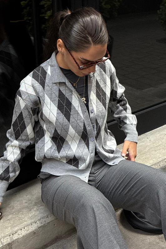 MDX Gri Baklava Desenli Polo Yaka Kadın Hırka MG2478 - Tultitlán de Mariano Escobedo