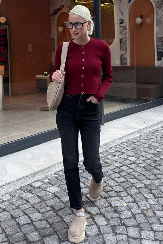 MDX Bordo Çıt Kapamalı Triko Kadın Hırka MG2579 - Aix-en-Provence