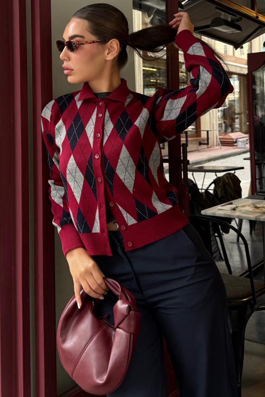 MDX Bordo Baklava Desenli Polo Yaka Kadın Hırka MG2478 - Lincoln