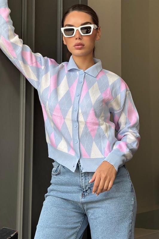 MDX Mavi Baklava Desenli Polo Yaka Kadın Hırka MG2478 - Aberdeen