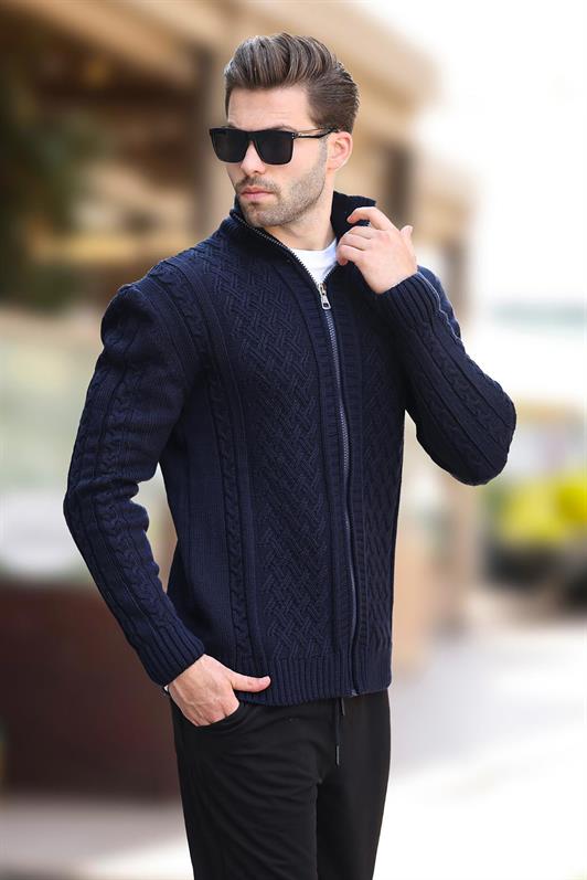 MDX Navy Blue High Neck Zippered Knit Cardigan 7271 - Saltillo