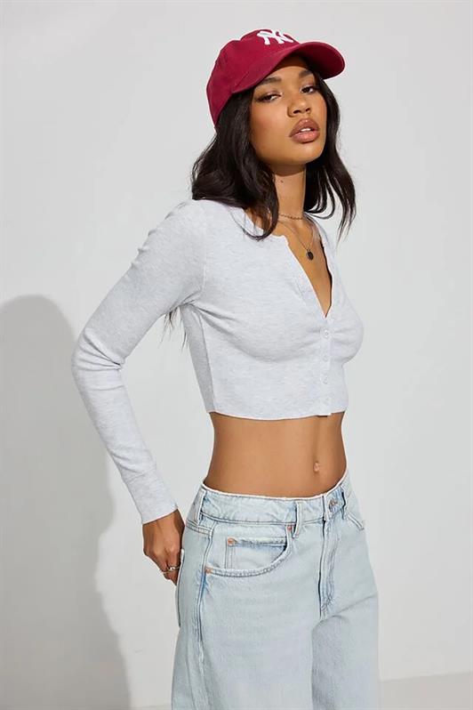 MDX Gray Long Sleeve Buttoned Cardigan Crop Sweater MG2193 - Ciudad Guzmán