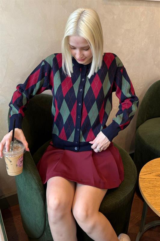 MDX Navy Blue Baklava Patterned Bicycle Neck Women's Cardigan Mg2496 - Kozáni