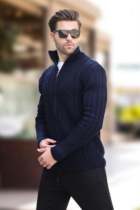 MDX Navy Blue High Neck Zippered Knit Cardigan 7271 - Saltillo