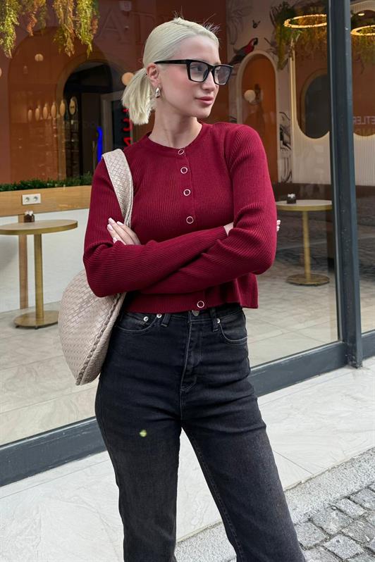 MDX Bordo Çıt Kapamalı Triko Kadın Hırka MG2579 - Aix-en-Provence
