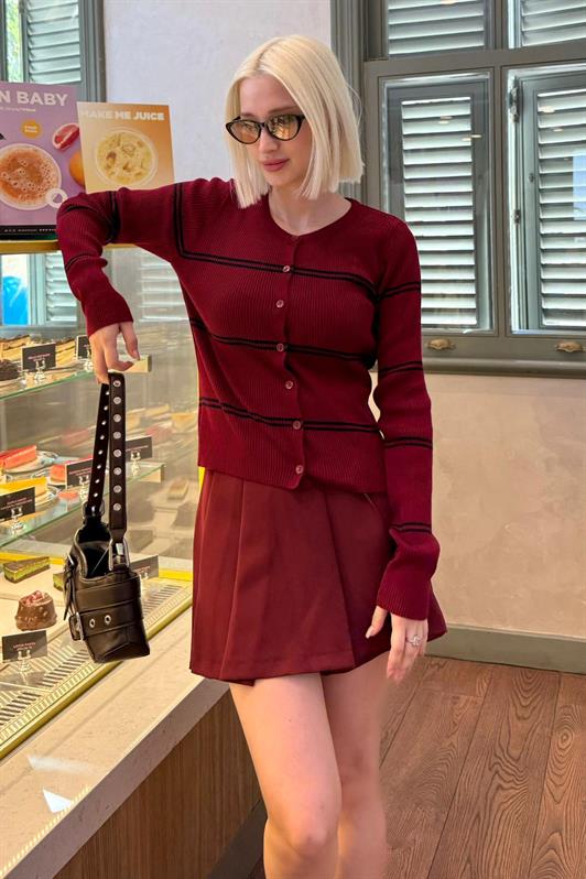 MDX Bordo Çizgili Kadın Triko Hırka MG2481 - Wausau