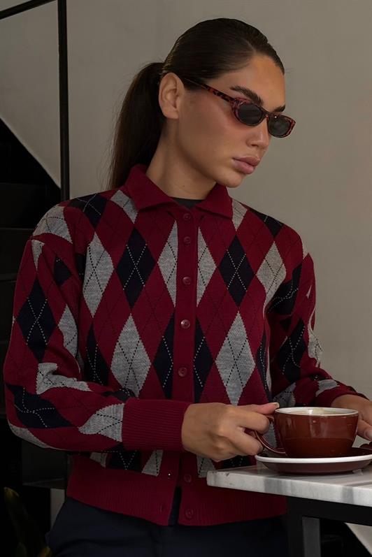 MDX Bordo Baklava Desenli Polo Yaka Kadın Hırka MG2478 - Lincoln