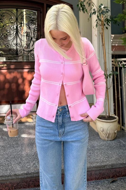 MDX Pembe Çizgili Kadın Triko Hırka MG2481 - Calimaya