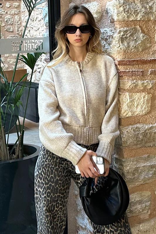 MDX Beige Zippered Long Sleeve Knit Cardigan MG2061 - Silao