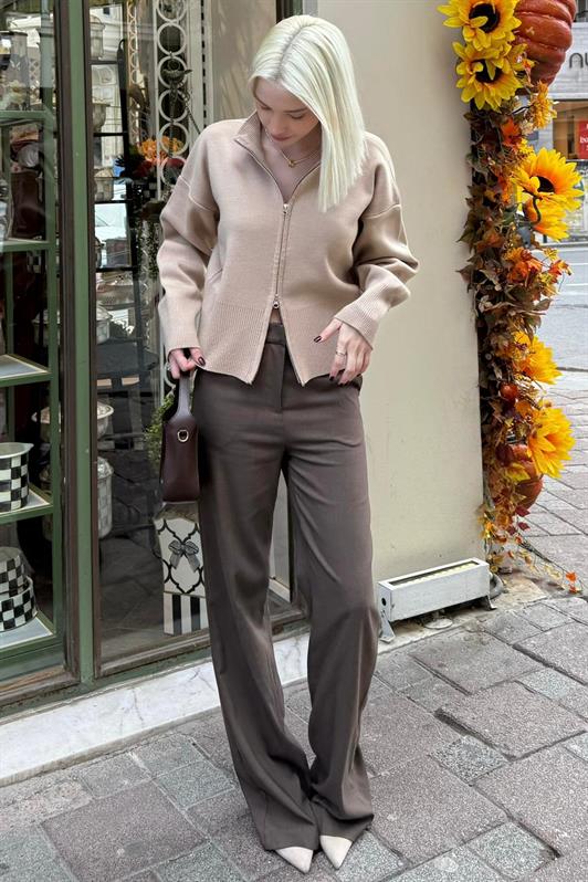 MDX Bej Çift Fermuarlı Dik Yaka Kadın Triko Hırka MG2505 - Uden