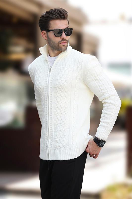 MDX Ecru High Neck Zippered Knitted Cardigan 7271 - Apple Valley