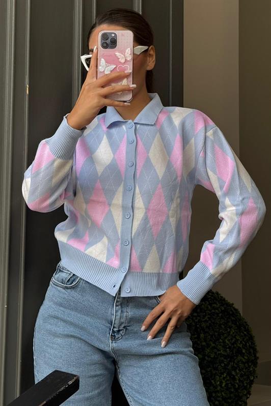 MDX Mavi Baklava Desenli Polo Yaka Kadın Hırka MG2478 - Aberdeen