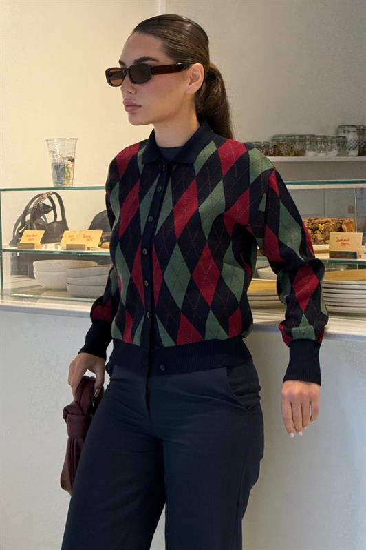 MDX Lacivert Baklava Desenli Polo Yaka Kadın Hırka MG2478 - Kamianske