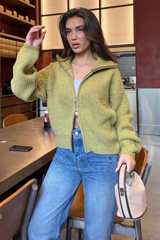 MDX Yeşil Çift Fermuarlı Kadın Triko Hırka Mg2532 - Fruit Cove