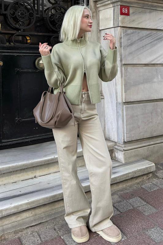 MDX Mint Yeşili Çift Fermuarlı Dik Yaka Kadın Triko Hırka MG2505 - Tapachula