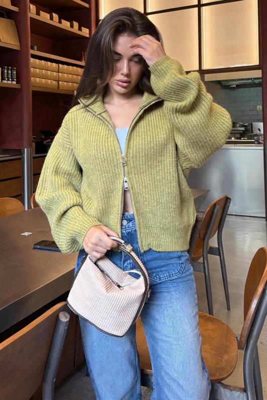 MDX Yeşil Çift Fermuarlı Kadın Triko Hırka Mg2532 - Fruit Cove