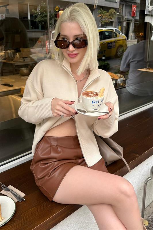 MDX Taş Rengi Çift Fermuarlı Dik Yaka Kadın Triko Hırka MG2505 - Speyer