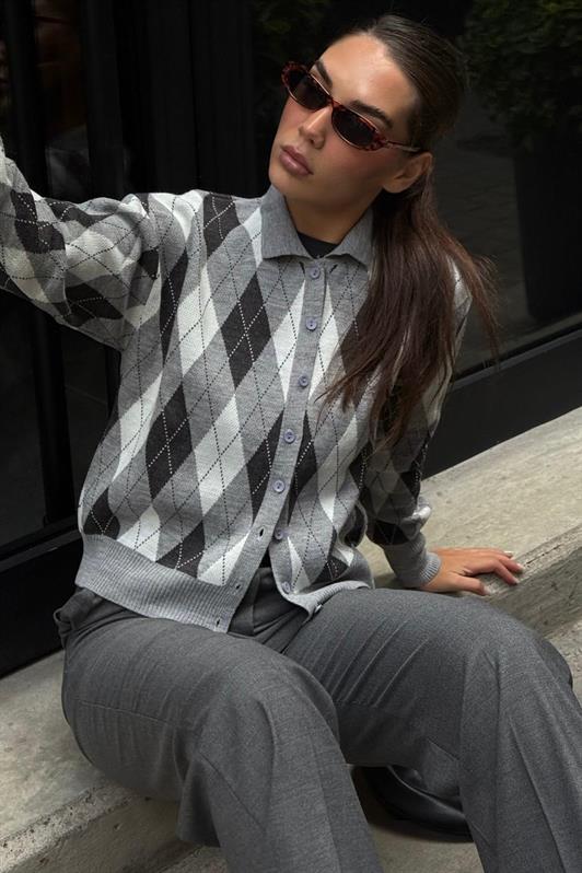 MDX Gri Baklava Desenli Polo Yaka Kadın Hırka MG2478 - Tultitlán de Mariano Escobedo