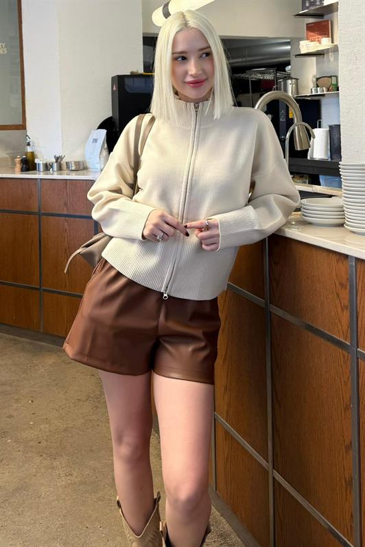 MDX Taş Rengi Çift Fermuarlı Dik Yaka Kadın Triko Hırka MG2505 - Speyer