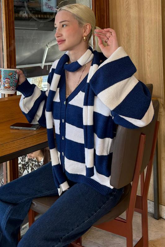 MDX Lacivert Çizigli Atkılı Kadın Triko Hırka MG2588 - San Felipe Orizatlán