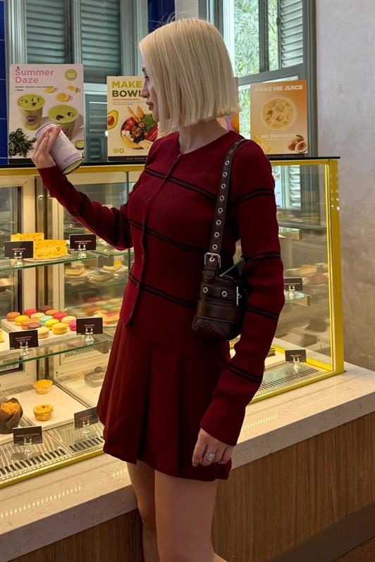 MDX Bordo Çizgili Kadın Triko Hırka MG2481 - Wausau